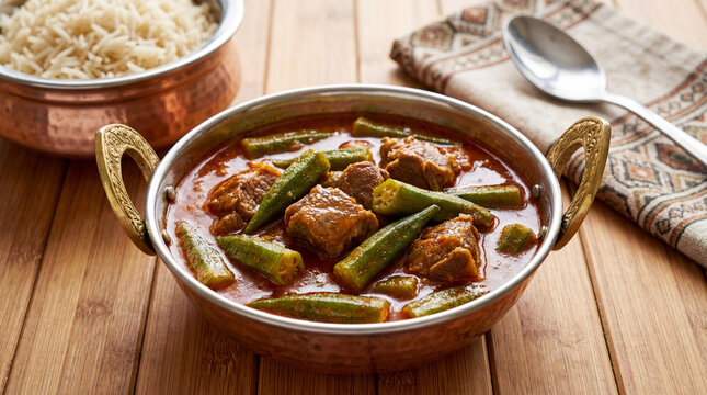 Delicious okra and meat curry served in a traditional copper bowl with a side of basmati rice on a wooden table
