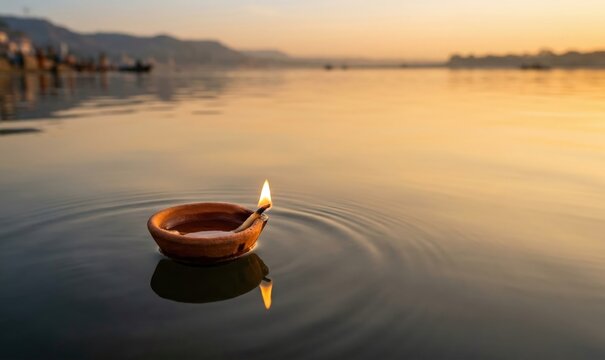 Floating Diya on River at Sunrise &ndash; Ganga Dussehra Spiritual Symbol