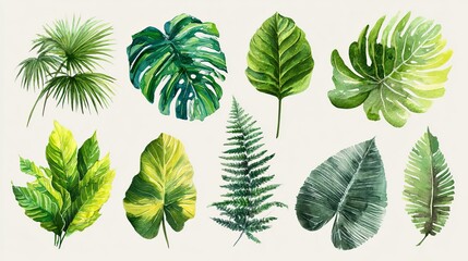 Fototapeta premium A collection of various green leaves on a plain background