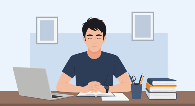 Flat vector illustration of a young man student sitting at a desk with eyes closed in a calm state of mindfulness, featuring a laptop, books, and stationary on a table.