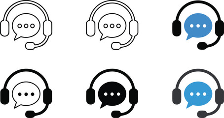 Obraz premium Customer service icon. Contact support agent button. Headset with speech bubble vector illustration. Call center operator symbol. Customer support chat sign. Earphones with microphone speech bubble