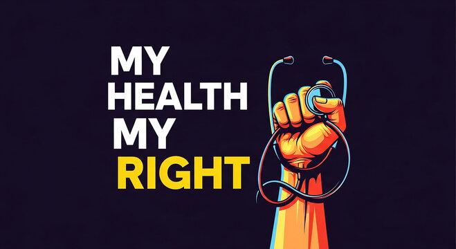 Powerful graphic illustration of a raised fist clutching a stethoscope, with 'My Health My Right' text, symbolizing healthcare advocacy and empowerment.