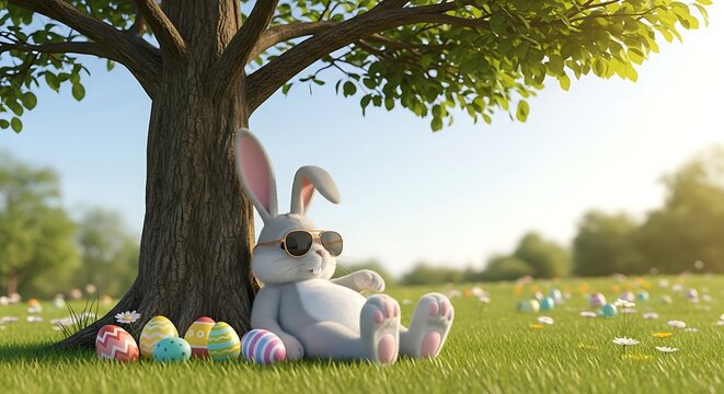 Easter bunny relaxing under a tree with easter eggs