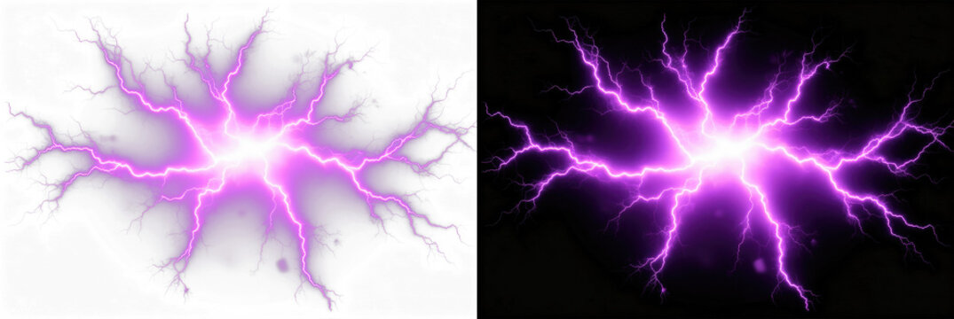 Electric purple lightning bolt strike, powerful plasma energy discharge, glowing violet thunderbolt flash for sci-fi and gaming visual effects isolated PNG with Transparent Background