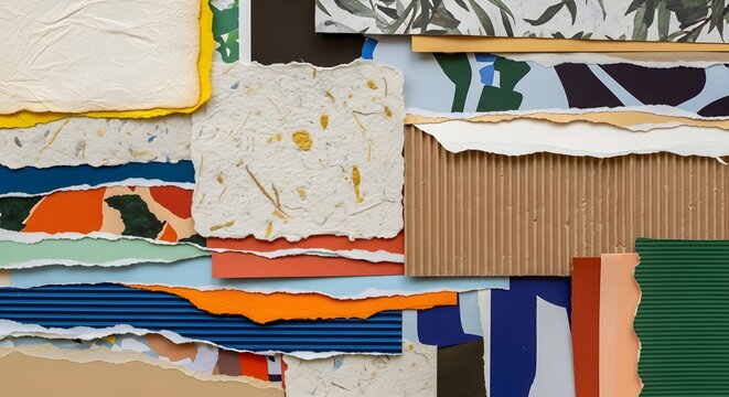 Earthy collage of torn handmade papers, corrugate and leafy prints, arranged in calm horizontal bands of cream, terracotta, blue and green, forming a serene, textile‑like patchwork that feels both coa