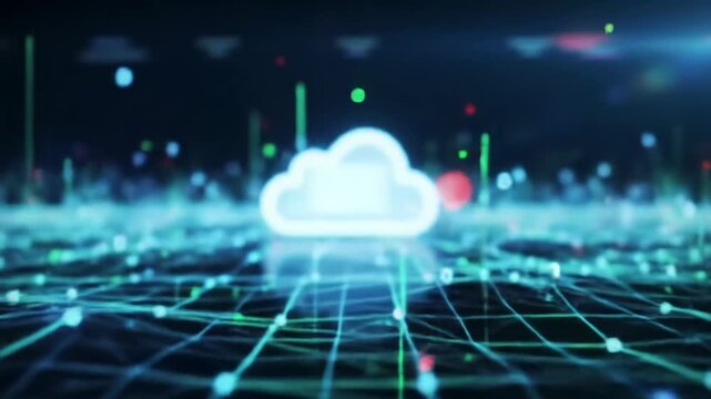 Expansive digital landscape showcasing a luminous network with electric blue and emerald green data flowing through a crystalline grid to a central, pulsating white server icon, illustrating