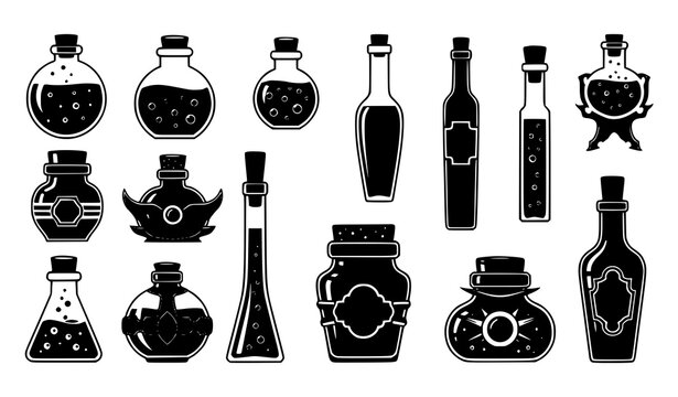 Magic potion bottle silhouettes collection mystical elixir vector illustration