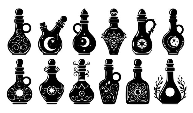 Decorative magic potion bottle silhouettes fantasy vector illustration
