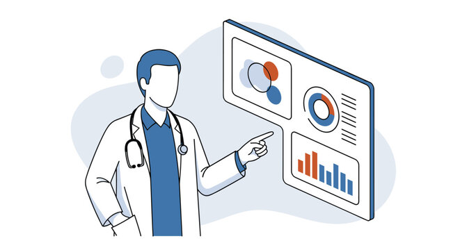 A doctor in a lab coat with a stethoscope analyzes patient data on a large interactive screen showing various medical charts and graphs.