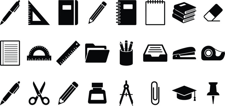 Collection of twenty-four black vector office and school supply silhouette icons including stacked books and document tray isolated on white background for education design