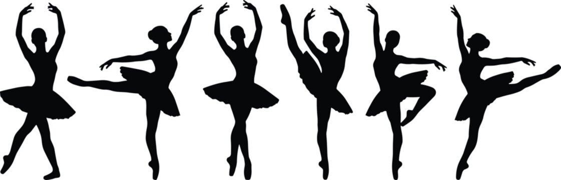 Set of six black vector silhouette female ballet dancers in dynamic classical performance poses isolated on white background for dance studio graphic design