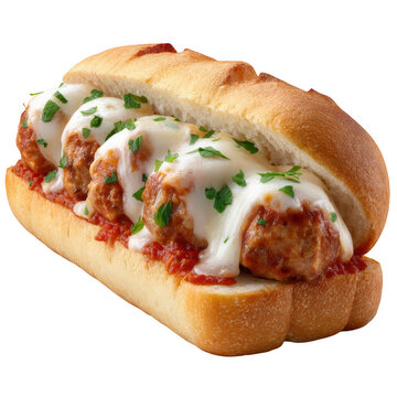 A delicious italian meatball sub sandwich with melted mozzarella cheese and fresh green herbs isolated on transparent background