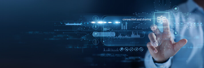 Digital professional holding connected devices. Connection and sharing enable seamless data exchange, collaboration, and communication across digital platforms. © FutureLogic Studio