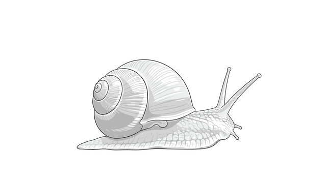 Detailed grey-scale illustration of a garden snail with its shell and tentacles moving slowly across a surface for nature studies.