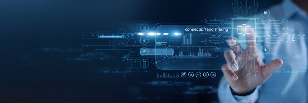 Digital professional holding connected devices. Connection and sharing enable seamless data exchange, collaboration, and communication across digital platforms.