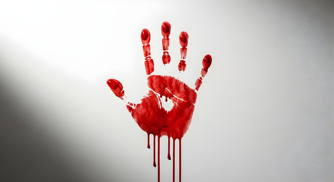 Bloody handprint on a gray surface with a dramatic lighting effect blood handprint