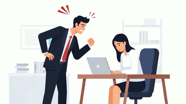 Angry boss scolding sad employee in office workplace illustration