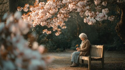 Fototapeta premium Senior Woman Sits on a Park Bench in Spring, Holding a Flower While Surrounded by Blooming Trees and Enjoying Natures Beauty