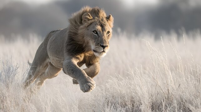 Majestic Male Lion Jumping Through Golden Grass in the Savanna