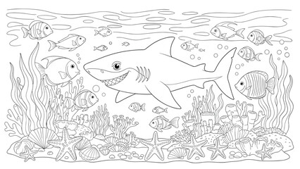 Obraz premium Intricate black and white coloring book page featuring a large shark swimming among schools of fish in a reef.