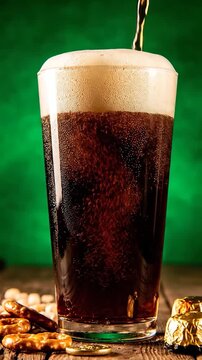 A dark, bubbly beverage is poured into a tall glass, creating a frothy head, with snacks on a wooden surface