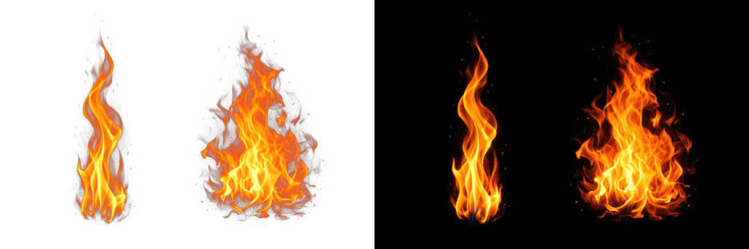 Realistic fire flames collection, orange burning campfire sparks, glowing heat blaze elements for visual effects and compositing isolated PNG with Transparent Background