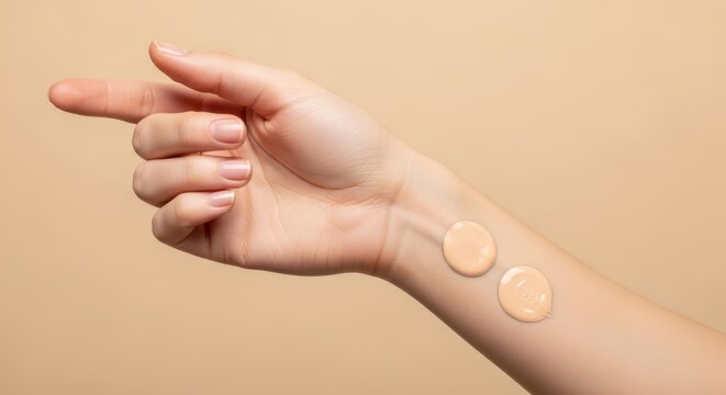 Woman hand applying and pointing to liquid foundation swatches on arm skin