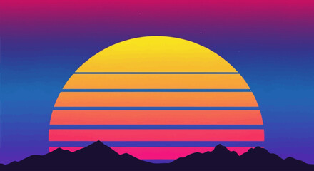 Obraz premium Vibrant retro sunset vector illustration with a stunning gradient sky and minimalist mountain silhouette, evoking a nostalgic 80s aesthetic and digital art style for modern design projects