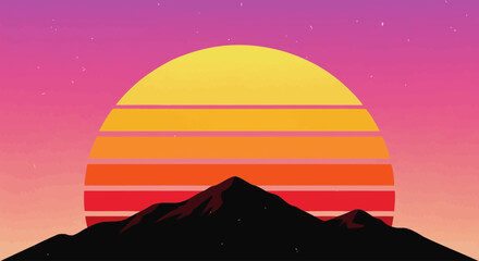 Obraz premium Retro Sunset Over Mountains Silhouette Vector Art - Vibrant Gradient Sky with 80s Vibes