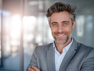 Fototapeta premium confident man business portrait on a blured office background with natural sunlight