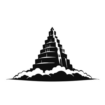 Black silhouette of a gigantic ziggurat rising above clouds. Ancient stepped pyramid temple vector illustration. Graphic element isolated on transparent background