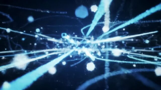wide virtual dolly video tracking elegant abstract geometric particles and luminous light trails forming intricate data streams in a pristine, high-key cgi environment with shallow depth of field,