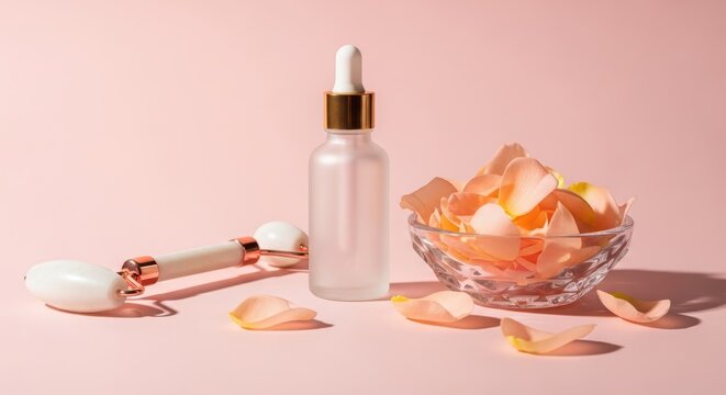 Glass serum dropper bottle with facial roller and bowl of rose petals