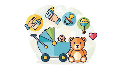 Obraz premium Baby stroller with teddy bear and toys childcare and parenting concept with baby bottle pacifier and rattle