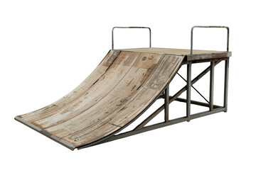 Obraz premium Wooden skate ramp with metal frame and platform, providing an urban extreme sports element on transparent background