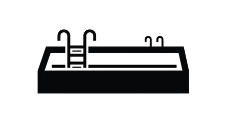 A simple black and white line drawing depicts a rectangular swimming pool with a ladder and two buoys high quality professional © Pvect02