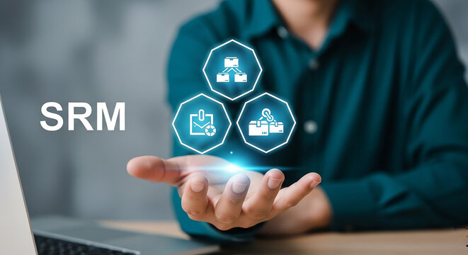 SRM: person presents the innovative SRM concept on the blurred background, showcasing the evolution of a forward-thinking business process.