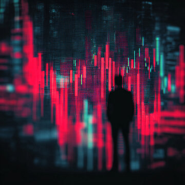 Silhouette of a professional trader analyzing a stock market graph on a large screen, representing financial growth or crisis in the digital age.