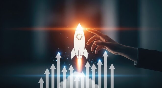 A hand launching a rocket with rising arrows