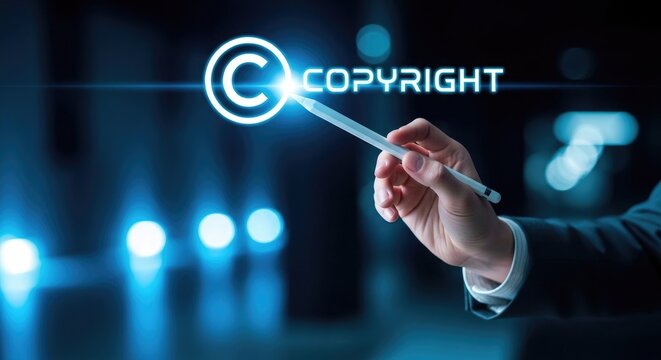 A person interacting with a glowing copyright symbol in a digital environment