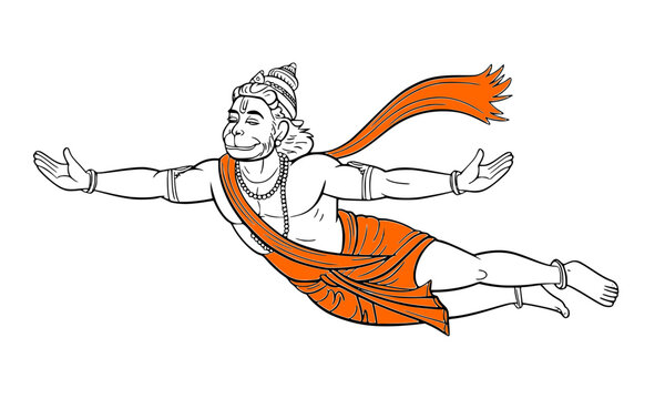 Lord Hanuman flying with open arms in a graceful sketch illustration, showcasing the divine Hindu deity in traditional saffron attire, perfect for spiritual and cultural designs