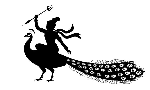 Lord Murugan riding a peacock silhouette illustration, the six-armed Hindu deity Kartikeya holding vel spear in elegant black shadow art for cultural and spiritual designs