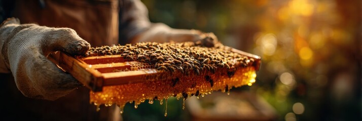 Fototapeta premium Beekeeper Holds Honeycomb Frame Filled With Bees While Sunlight Creates a Warm Glow Around the Scene