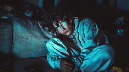 Fototapeta premium A Young Man Relaxing in Cozy Atmosphere, Reflecting on Life at Home