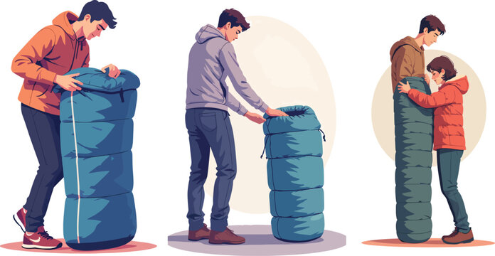 Illustrazione vettoriale di una persona che arrotola o sistema un sacco a pelo imbottito dopo il campeggio. Concetto di outdoor, viaggio, escursionismo, organizzazione dell&rsquo;attrezzatura e vita