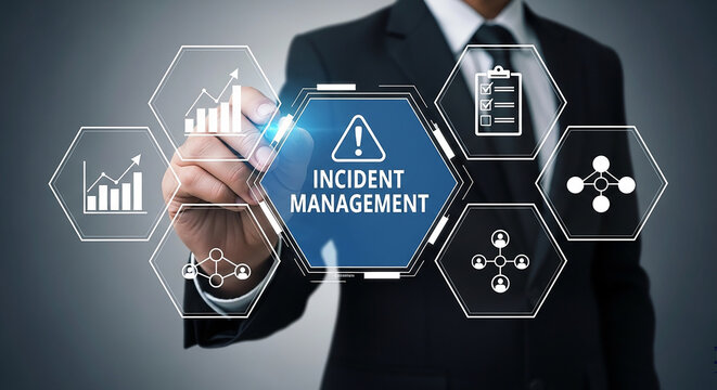 Incident Management Vision: A business professional activates a digital interface to initiate incident management protocol.