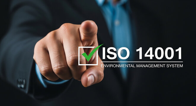 ISO 14001 Certification Focus: A person in a professional suit, their finger pinpointing a graphic indicating ISO 14001 environmental management system certification.
