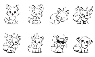 Obraz premium Cute Fox Emotions Set, Cartoon Baby Fox Character Showing Different Feelings Black and White Line Art Vector Illustration