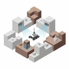 Fototapeta premium Isometric illustration of a futuristic robot surveying a modular, block-like environment with advanced sensors.