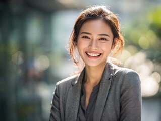 Obraz premium professional asian businesswoman smiling on a blured office background with natural sunlight